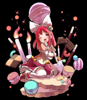 1boy 1girl absurdres black_background blush bow brown_cape brown_shoes candle candy cape chocolate chupa_chups collared_shirt cookie flat_chest food frilled_cape frilled_skirt frills full_body hair_bow highres holding holding_candy holding_food holding_lollipop large_bow lollipop long_hair long_sleeves macaron melty_(merc_storia) merc_storia merc_storia_art_team official_art one_eye_closed open_mouth pink_eyes pink_hair pocky purple_skirt raised_inner_eyebrows shirt shoes sidelocks simple_background sitting skirt solo swirl_lollipop tachi-e tearing_up tears thighhighs wariza white_bow white_shirt white_thighhighs yellow_bow