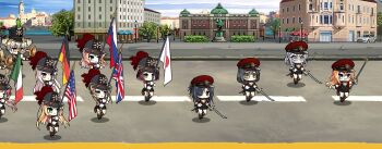 absurdres american_flag angelia_(girls'_frontline) black_hair blonde_hair blue_eyes brown_hair carcano_m1891_(girls'_frontline) chibi conductor_baton cz2000_(girls'_frontline) garrison_cap german_flag girls'_frontline green_eyes grey_eyes grey_hair griffin_&amp;_kryuger_logo hat helianthus_(girls'_frontline) helmet highres instrument italian_flag japanese_flag kalina_(girls'_frontline) kar98k_(girls'_frontline) lee-enfield_(girls'_frontline) long_hair m1_garand_(girls'_frontline) marching marching_band mosin-nagant_(girls'_frontline) multicolored_hair orange_hair pink_hair pith_helmet plume purple_hair red_eyes russian_flag shako_cap short_hair sier_(girls'_frontline) sword symbol-shaped_pupils the_mad_mimic trombone two-tone_hair type_4_(girls'_frontline) union_jack weapon white_hair x-shaped_pupils yellow_eyes