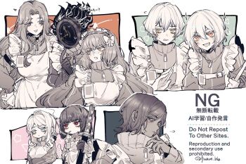 09wave_hb 1boy 1other 6+girls alternate_costume apron black_hair blue_eyes blush bob_cut bow brown_eyes cigarette clock closed_mouth crossdressing crossdressing_(mtf) dante_(limbus_company) dark-skinned_female dark_skin don_quixote_(project_moon) embarrassed enmaided faust_(project_moon) fire flaming_head freckles frilled_apron frills gloves hair_bow hairband ishmael_(project_moon) jacket limbus_company limited_palette long_hair long_sleeves looking_at_another looking_at_viewer maid maid_apron maid_headdress male_maid mature_eyes multiple_girls object_head ootachi open_mouth orange_eyes out_of_frame outis_(project_moon) outside_border parted_bangs project_moon red_eyes rodion_(project_moon) ryoshu_(project_moon) short_hair sidelocks sinclair_(project_moon) smile smoking sparkle sweat track_jacket track_suit unconventional_maid very_long_hair waist_apron watermark weapon white_apron white_background white_bow white_hair yellow_eyes zipper