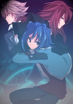 10s 3boys ahoge blue_eyes blue_hair brown_hair cardfight!!_vanguard kai_toshiki long_hair magic_circle male_focus multiple_boys nakamura_sandayo red_hair sendou_aichi smirk suzugamori_ren tms_entertainment