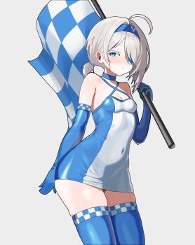 1girl absurdres ahoge bare_shoulders black_survival blue_choker blue_eyes blue_gloves blue_thighhighs breasts checkered_flag choker colored_eyelashes commentary covered_navel cowboy_shot criss-cross_halter dress elbow_gloves english_commentary eternal_return:_black_survival eyepatch flag gloves hairband halterneck highres holding holding_flag parted_lips ponytail pyogo race_queen short_ponytail sissela_kyle small_breasts solo spaghetti_strap thighhighs two-tone_dress white_eyelashes white_hair zettai_ryouiki