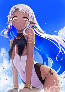 +_+ 1girl absurdres armlet blue_hair blue_sky bracelet breast_curtains breasts colored_inner_hair dark-skinned_female dark_skin gold_armlet gold_bracelet highres jewelry leotard long_hair looking_at_viewer multicolored_hair namako_(namacotan) original panties side-tie_panties sky small_breasts two-tone_hair underwear white_hair yellow_eyes