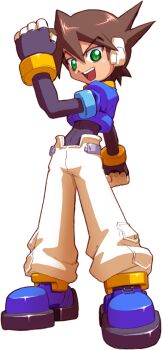 1boy absurdres archived_source black_bodysuit blue_jacket blue_shoes bodysuit bodysuit_under_clothes brown_hair clenched_hand cropped_jacket green_eyes highres jacket mega_man_(series) mega_man_zx official_art open_mouth pants robot_ears shoes short_hair simple_background smile solo teeth upper_teeth_only vent_(mega_man) white_background white_pants yabe_makoto