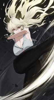 1girl absurdres black_horns black_pants blonde_hair breasts button_gap commentary curled_horns hair_between_eyes highres horns large_breasts long_hair looking_at_viewer mole mole_on_breast mole_under_eye oro_(lsg0624) pants red_eyes revision shirt solo torn_clothes torn_shirt white_shirt wuthering_waves zani_(wuthering_waves)