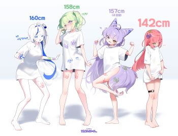 Rule 34 | 2 nan 5, 4girls, absurdres, ahoge, aokumo rin, arm at side, artist name, barefoot, blue eyes, blush, brown eyes, clenched hand, clenched hands, commentary request, cone hair bun, double bun, embarrassed, fox girl, fox tail, green eyes, green hair, grey hair, hair bun, hair intakes, hanako nana, hand up, handprint, hands up, heart, heart o-ring, height chart, heterochromia, highres, korean commentary, korean text, long hair, long sleeves, looking at viewer, medium hair, multicolored hair, multiple girls, no pants, o-ring, o-ring thigh strap, open mouth, paint on body, paint on clothes, pink hair, purple eyes, purple hair, shirt, soles, standing, standing on one leg, stellive, straight hair, streaked hair, t-shirt, tail, tenko shibuki, thigh strap, translation request, virtual youtuber, wavy mouth, white shirt, yurie mouth, yuzuha riko