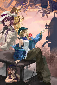 4girls :d absurdres armor beret beryl_bouanich black_gloves black_pants black_shoes blonde_hair blue_coat blue_gemstone blue_neckerchief bow bowtie brown_eyes brown_hair brume_(reverse:1999) car celia_(reverse:1999) coat dress felicienne_(reverse:1999) flower from_side gem glasses gloves hair_flower hair_ornament hand_up hat highres holding holding_gem localized_gravity looking_at_viewer motor_vehicle multiple_girls neckerchief necktie off_shoulder on_car open_clothes open_coat open_mouth pants pink_sky profile purple_bow purple_bowtie purple_dress purple_eyes purple_hair rain red_necktie reverse:1999 round_eyewear shirt shoes short_hair shoulder_armor single_bare_shoulder sitting sky smile tank_top tower white_flower white_hat white_shirt white_tank_top wu_fuzuoyong yellow_eyes