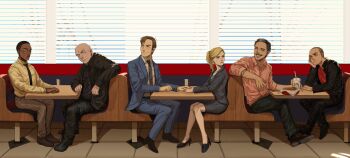 1girl 5boys absurdres bald better_call_saul black_footwear black_hair black_necktie blonde_hair booth_seating breaking_bad brown_hair dark-skinned_male dark_skin diner facial_hair formal_clothes glasses gustavo_fring highres kim_wexler lalo_salamanca ma2_ereki mike_ehrmantraut multicolored_hair multiple_boys mustache nacho_varga necktie ponytail saul_goodman sitting suit table two-tone_hair