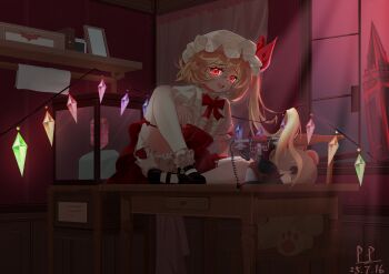 1girl absurdres alternate_costume antique_phone bat_ornament blonde_hair bloomers book bow box buttons chair crime_xiaolun cross_in_eye crystal_wings curtains dark_room desk drawer flandre_scarlet gem glowing glowing_eyes glowing_wings hat highres indoors leg_up light_particles long_hair mary_janes mob_cap multicolored_wings night on_desk open_window phone picture_frame red_background red_bow red_eyes red_gemstone red_light red_ribbon red_skirt ribbon rotary_phone shirt shoes shooting_star side_ponytail sign sitting skirt smile solo stuffed_animal stuffed_toy table teddy_bear touhou tower underwear white_hat white_shirt window wings wooden_table