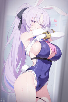 1girl animal_ear_hairband animal_ears artist_name blue_one-piece_swimsuit blue_sailor_collar breasts cleavage_cutout clothes_lift clothing_cutout colored_eyelashes commentary_request covered_navel cowboy_shot deyui elbow_gloves fake_animal_ears fake_tail gloves hairband highres large_breasts lifting_own_clothes looking_at_viewer mole mole_on_thigh neckerchief one-piece_swimsuit pink_neckerchief playboy_bunny_swimsuit purple_eyes purple_hair rabbit_ear_hairband rabbit_ears rabbit_tail revision sailor_collar shia_(stella_sora) shirt shirt_lift sideless_swimsuit smile solo stella_sora swimsuit tail wet white_gloves white_shirt