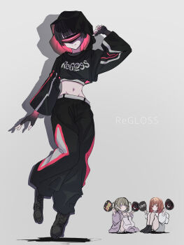 3girls absurdres ankle_boots arm_at_side arm_up baggy_pants black_boots black_gloves black_hair black_hoodie black_pants black_shoes blunt_bangs bob_cut boots bowl_cut character_print closed_mouth clothes_writing commentary_request covered_eyes crop_top cropped_hoodie dancing drop_shadow facing_viewer fingerless_gloves full_body gloves grey_background grey_hair grey_skirt groin group_name hand_fan hand_fan_writing head-mounted_display highres holding holding_fan hololive hololive_dev_is hood hood_up hoodie ichijou_ririka ichijou_ririka_(1st_costume) jacket jumping keren_illust knees_together_feet_apart knees_up leg_warmers legs_together light_blush long_sleeves midriff multiple_girls narrow_waist navel no_mouth orange_eyes orange_hair oshi-katsu pants paper_fan pencil_skirt puffy_long_sleeves puffy_sleeves purple_eyes purple_jacket purple_shoes regloss_backup_dancer_(hololive) shoes short_hair simple_background sitting skirt smile solo todoroki_hajime todoroki_hajime_(1st_costume) translation_request two-sided_fabric two-sided_hood two-sided_hoodie two_side_up uchiwa very_short_hair virtual_youtuber white_leg_warmers