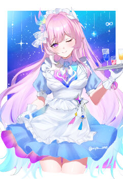 1girl absurdres alternate_costume apron blue_dress border breasts closed_mouth colored_tips commentary_request cup cyrene_(honkai:_star_rail) cyrene_(ripples_of_past_reverie)_(honkai:_star_rail) dress drinking_glass enmaided flower gloves hair_flower hair_ornament highres holding holding_tray honkai:_star_rail honkai_(series) long_hair looking_at_viewer maid maid_headdress medium_breasts miyu_10969 multicolored_hair one_eye_closed pink_hair pointy_ears purple_eyes purple_flower purple_rose rose sidelocks smile solo thighs tray twitter_username very_long_hair white_border white_gloves