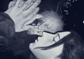 Rule 34 | 2boys, absurdres, commentary request, fingernails, geto suguru, gojo satoru, greyscale, hair slicked back, highres, jujutsu kaisen, k05062688, lips, looking at viewer, male focus, monochrome, multiple boys, nose, own hands together, short hair, v