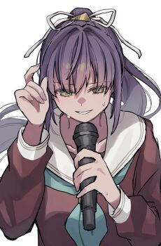 1girl aqua_neckerchief brown_dress collarbone dress green_eyes grin hair_ornament hair_ribbon hasu_no_sora_school_uniform highres holding holding_microphone lilac_(li_lac_3) link!_like!_love_live! long_sleeves love_live! microphone neckerchief nervous_sweating official_alternate_hairstyle on_your_mark_(love_live!) otomune_kozue ponytail ribbon sailor_collar sailor_dress school_uniform simple_background smile solo sweat triangle_hair_ornament upper_body virtual_youtuber white_background white_ribbon white_sailor_collar winter_uniform