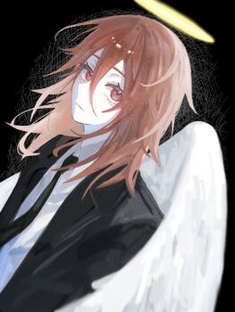 1boy angel angel_devil_(chainsaw_man) angel_wings black_background black_necktie black_suit brown_eyes brown_hair chainsaw_man closed_mouth collared_shirt commentary feathered_wings formal_clothes glowing glowing_halo hair_between_eyes halo highres long_hair_between_eyes looking_at_viewer male_focus medium_hair necktie shirt shusyu suit traditional_halo upper_body white_shirt white_wings wings