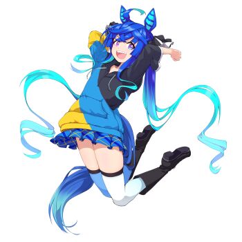 1girl @_@ absurdres ahoge animal_ears aqua_hair arms_behind_head arms_up asymmetrical_legwear black_boots blue_eyes blue_hair blue_skirt blue_thighhighs boots bow casual clenched_hand crossed_bangs drawstring feet_up full_body hair_bow heterochromia highres hood hoodie horse_ears horse_girl horse_tail long_hair looking_at_viewer marutae midair miniskirt mismatched_legwear multicolored_hair multicolored_hoodie official_alternate_costume open_mouth plaid_clothes plaid_skirt pleated_skirt purple_eyes sharp_teeth sidelocks simple_background skirt solo striped_bow tail teeth thighhighs three-quarter_sleeves transparent_background twin_turbo_(casual)_(umamusume) twin_turbo_(umamusume) twintails two-tone_hair umamusume upper_teeth_only v-shaped_eyebrows very_long_hair white_thighhighs