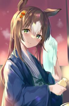 1girl animal_ears bath_yukata blue_kimono bottle brown_hair closed_mouth clover_hair_ornament colored_tips commentary_request fine_motion_(umamusume) green_eyes hair_down hair_ornament highres holding holding_bottle holding_towel horse_ears horse_girl japanese_clothes kimono long_hair long_sleeves looking_at_viewer looking_to_the_side multicolored_hair smile solo steam towel umamusume upper_body uu-tan_(hushigi10) white_hair white_kimono wide_sleeves yukata