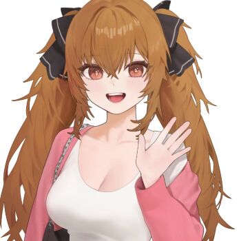 Rule 34 | 1girl, alternate costume, bag, black bow, blush, bow, breasts, brown eyes, brown hair, cleavage, collarbone, cropped jacket, girls' frontline, hair bow, jacket, kir (khw66136132), lenna (girls' frontline 2), looking at viewer, open clothes, open jacket, open mouth, pink jacket, shirt, shoulder bag, simple background, single off shoulder, smile, solo, teeth, twintails, ump9 (girls' frontline), upper body, white background, white shirt