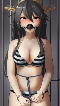 1girl ball_gag bikini bound bound_wrists breasts brown_hair cuffs dochi_(dosa_dosa_dosa) drooling gag handcuffed handcuffs haruna_(kancolle) highres kantai_collection long_hair medium_breasts navel prison prison_cell prison_clothes prisoner restrained saliva saliva_trail solo straight-on striped_bikini striped_clothes swimsuit