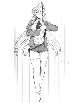 1girl aged_up ahoge ai-assisted alisaie_leveilleur boots breasts commentary earrings elezen elf english_commentary final_fantasy final_fantasy_xiv greyscale hair_over_one_eye holding holding_sword holding_weapon jacket jamjamstyle jewelry large_breasts long_hair looking_at_viewer midriff_peek monochrome open_clothes open_jacket pointy_ears revision shorts solo sword thigh_boots weapon