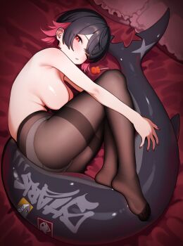 1girl absurdres bed_sheet black_hair black_pantyhose breasts candy colored_inner_hair commentary ear_piercing ellen_joe ewrui fins fish_tail food frilled_pillow frills highres large_breasts lollipop looking_at_viewer lying mole mole_under_each_eye mole_under_eye multicolored_hair multiple_moles nail_polish no_shoes on_side one_eye_closed panties panties_under_pantyhose pantyhose pantyhose_only parted_lips piercing pillow pink_hair red_eyes red_nails shark_girl shark_tail sharp_teeth short_hair solo tail teeth thighband_pantyhose toes topless_female two-tone_hair underwear white_panties zenless_zone_zero