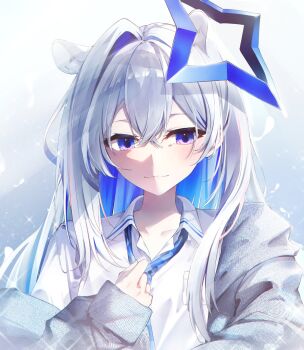 1girl adjusting_clothes adjusting_necktie amane_kanata animal_ears averting_eyes blue_hair blue_necktie closed_mouth collared_shirt colored_inner_hair crossed_bangs elphe grey_jacket hair_between_eyes halo hand_up hashtag-only_commentary highres hololive jacket light_blush long_hair long_sleeves multicolored_hair necktie purple_eyes purple_streaks shirt sidelighting single_hair_intake single_off_shoulder sleeves_past_wrists smile solo star_halo streaked_hair upper_body virtual_youtuber white_hair white_shirt