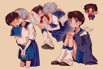 2boys @_@ blue_cardigan blue_eyes blue_sailor_collar blue_skirt blush brown_hair brown_shoes cardigan chibi closed_eyes closed_mouth clothes_lift crop_top crossdressing crossdressing_(mtf) drooling ear_blush edie_zzzzz elbow_blush flustered flying_sweatdrops grey_hair hands_on_another's_ass highres hug ikari_shinji kiss kissing_cheek licking licking_nipple long_skirt loose_socks lying male_focus miniskirt mouth_drool multiple_boys nagisa_kaworu neckerchief neon_genesis_evangelion nipple_stimulation on_back open_mouth pleated_skirt red_neckerchief sailor_collar school_uniform serafuku shirt shirt_lift shoes short_hair sitting skirt socks spread_legs sweatdrop white_shirt white_socks yaoi
