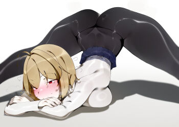 1girl absurdres ahoge arcueid_brunestud ass black_pantyhose blonde_hair blue_skirt blush breasts deko_morii hair_intakes highres jack-o&#039;-lantern large_breasts looking_at_viewer meme miniskirt panties_visible_through_clothes pantyhose red_eyes short_hair skirt solo sweat sweater thick_thighs thighs thong top-down_bottom-up tsukihime tsukihime_(remake) underwear white_sweater