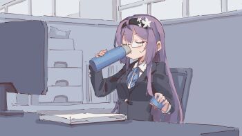 1girl :t black_hairband black_jacket blue_ribbon blush breasts buttons chair closed_eyes closed_mouth collared_shirt cubicle desk drinking female_focus glasses hairband hands_up highres holding_thermos indoors jacket long_hair long_sleeves monitor neck_ribbon on_chair original paper_stack purple_hair ribbon rune_(dualhart) semi-rimless_eyewear shirt sidelocks sitting small_breasts solo teacher thermos u_u upper_body white_shirt window yurina_(rune_(dualhart))