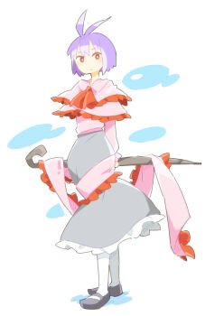 1girl antenna_hair arms_behind_back ascot black_shoes bright_pupils capelet commentary_request expressionless frilled_capelet frilled_shawl frills full_body grey_skirt hagoromo holding holding_umbrella light_blush long_sleeves mary_janes nagae_iku no_headwear pantyhose petticoat pink_capelet pink_shawl pink_shirt purple_hair red_ascot red_eyes shawl shirt shoes short_hair skirt solo touhou umbrella white_background white_pantyhose white_pupils ziro_(daydozen)