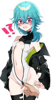 !? 1girl 1other alice_gear_aegis aqua_hair black_jacket black_thighhighs breasts circle_cutout cleavage_cutout clothing_cutout companion/af covered_collarbone cowboy_shot crossed_bangs disembodied_hand front_zipper full-length_zipper hair_between_eyes heattech_leotard highleg highleg_leotard highres jacket jacket_partially_removed kiysar leotard low_side_ponytail medium_breasts multicolored_leotard navel open_mouth project_tokyo_dolls race_queen red_eyes simple_background small_breasts thighhighs turtleneck two-tone_leotard unzipping white_background white_leotard yamada_(project_tokyo_dolls) zipper zipper_leotard zipper_pull_tab