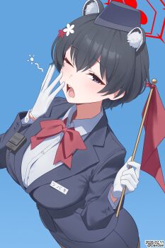 Rule 34 | 1girl, absurdres, animal ears, artist name, black hat, blue archive, blue background, bow, bowtie, commentary request, dandan (uaee4742), dated, extra ears, flag, garrison cap, gloves, halo, hat, highres, holding, holding flag, official alternate costume, one eye closed, open mouth, pencil skirt, raccoon ears, raccoon girl, red bow, red bowtie, red flag, red halo, skirt, tour guide, tsubaki (blue archive), tsubaki (guide) (blue archive), walkie-talkie, white gloves, yawning