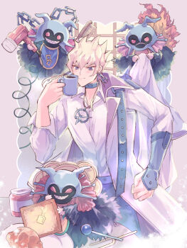 blonde_hair character_request coat commentary_request cup duel_monster earrings highres holding holding_cup jack_atlas jewelry mug pendant plate semewaprincess shirt solo_focus white_coat white_shirt yu-gi-oh! yu-gi-oh!_5d's