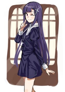1girl ;) blush cross cross_necklace dress female_focus hair_ornament jewelry kannagi long_hair looking_at_viewer michihasu necklace nun one_eye_closed purple_hair red_eyes sketch smile solo very_long_hair zange