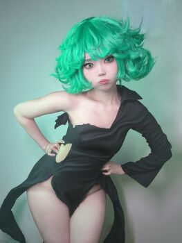 Rule 34 | 1girl, animated, black dress, bottomless, collarbone, dress, green eyes, makeup, neneko0814, no panties, one-punch man, pelvic curtain, real life, tatsumaki, torn clothes, torn dress