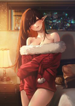 1girl bare_shoulders blush_stickers breasts brown_hair cleavage closed_mouth collarbone commentary_request desk_lamp fur-trimmed_sweater fur_trim hair_between_eyes highres indoors lamp long_hair looking_at_viewer navel night off-shoulder_sweater off_shoulder original pointy_ears pom_pom_(clothes) red_eyes sino42 sweater very_long_hair