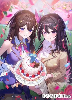 2girls ascot azki_(4th_costume)_(hololive) azki_(hololive) balloon black_hair blue_boots blue_eyes blue_skirt blue_thighhighs blue_vest boots bow bowtie braid brown_hair brown_jacket cake closed_mouth collared_dress collared_shirt colored_inner_hair commentary_request copyright_notice cropped_shirt cropped_vest crossed_bangs diamond_hair_ornament double-parted_bangs dress falling_petals flower fold-over_boots food gold_trim hair_between_eyes hair_flaps hair_intakes hair_ornament hair_ribbon hairclip half-jacket half_up_half_down_braid heart_balloon hiyon_(hahaha_5945) holding holding_cake holding_food hololive jacket long_hair looking_at_viewer miniskirt mole mole_under_eye multicolored_hair multiple_girls official_alternate_costume official_art petals pink_bow pink_bowtie pink_hair pink_ribbon pleated_skirt purple_eyes red_flower red_rose ribbon rose shirt single_sidelock skirt skirt_under_dress sleeveless sleeveless_shirt smile star_(symbol) star_hair_ornament streaked_hair thighhighs three-quarter_sleeves tokino_sora tokino_sora_(1st_costume) very_long_hair vest virtual_youtuber waist_cape white_ascot white_dress white_hair white_ribbon white_shirt white_skirt wrist_cuffs