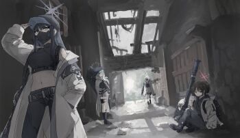 4girls arius_squad_(blue_archive) atsuko_(blue_archive) baseball_cap black_hair black_mask blue_archive blue_eyes cape coat commentary_request crop_top desuyone0502 fim-92_stinger gun hair_over_one_eye halo hat highres hiyori_(blue_archive) hood hoodie long_hair long_sleeves mask misaki_(blue_archive) mouth_mask multiple_girls navel on_floor pants purple_hair red_eyes rocket_launcher saori_(blue_archive) short_hair side_ponytail stomach weapon weapon_case white_coat