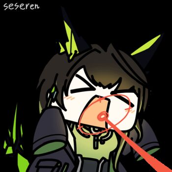&gt;_&lt; 1girl ahoge animal_ears animated animated_gif arknights artist_name black_hair black_jacket blush chibi closed_eyes commentary_request dress fake_animal_ears flapping green_dress hair_intakes huge_ahoge jacket long_hair lowres mon3tr_(arknights) mouth_beam off_shoulder open_clothes open_jacket open_mouth seseren simple_background sleeves_past_fingers sleeves_past_wrists solo tail upper_body white_background