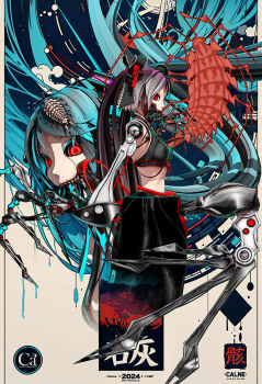 1girl 3d animal animal_on_head aqua_hair calne_ca_(deino) cropped_shirt deino_(deino3330) from_side grey_hair hair_ribbon highres isopod long_hair mechanical_arms multiple_views nato-kun on_head original red_eyes ribbon single_mechanical_arm twintails upper_body