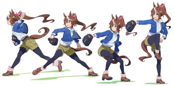 1girl animal_ears bag ball baseball baseball_(object) baseball_glove black_leggings blue_eyes blue_jacket blue_sky blush boots bow brown_boots brown_hair cloud hair_between_eyes highres hood hood_down hoodie horse_ears horse_girl horse_tail jacket leggings leggings_under_shorts long_hair long_sleeves multicolored_hair nishiki_kazue parted_lips pitching ponytail shorts shoulder_bag simple_background sky smile standing standing_on_one_leg streaked_hair tail teeth tokai_teio_(umamusume) two-tone_hair umamusume white_background white_hair white_hoodie yellow_shorts