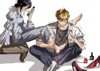 1boy 1girl applying_pedicure barefoot black_pants black_shirt black_shoes blonde_hair blush breasts busuttt chainsaw_man collared_shirt cosmetics couple denji_(chainsaw_man) green_eyes grey_pants hair_between_eyes hair_bun hetero high_heels highres holding holding_another&#039;s_leg holding_phone indian_style long_sleeves medium_breasts medium_hair nail_polish nail_polish_bottle nail_polish_brush open_mouth painting_toenails pants phone puffy_long_sleeves puffy_sleeves pumps purple_hair red_nails reze_(chainsaw_man) shirt shirt_under_shirt shoes short_hair sitting smile socks sweatdrop toenail_polish toenails trembling unworn_shoes updo white_background white_shirt white_socks yellow_eyes