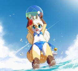 Rule 34 | 1girl, :3, :d, aas (aasjpvm), absurdres, ahoge, animal ear fluff, animal ears, animal nose, armpits, arms up, ball, beachball, bell, bikini, bird, blonde hair, blue bikini, blue eyes, blue sky, blush stickers, body fur, brown fur, cloud, commentary, contrail, day, english commentary, fangs, flower, fox ears, fox girl, fox tail, from below, front-tie bikini top, front-tie top, furry, furry female, hair between eyes, hair flower, hair ornament, happy, highres, holding, holding ball, holding beachball, jingle bell, long hair, looking at viewer, looking down, miu (aas), multicolored fur, navel, ocean, open mouth, original, outdoors, print bikini, side-tie bikini bottom, signature, sky, smile, solo, splashing, standing, string bikini, summer, swimsuit, tail, thick eyebrows, wading, water, water drop, white fur, yellow fur