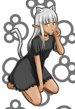 Rule 34 | 1girl, absurdres, animal ears, arm between legs, barefoot, black choker, black dress, blunt bangs, cat ears, cat tail, choker, commentary, dark-skinned female, dark elf, dark skin, dress, elf, extra ears, grey hair, highres, karla (kono healer mendokusai), kneeling, kono healer mendokusai, licking own arm, looking at viewer, official art, paw print, paw print background, pointy ears, puffy short sleeves, puffy sleeves, short sleeves, slit pupils, solo, symbol-only commentary, tail, tannen ni hakkou, tongue, tongue out, yellow eyes