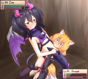 1futa 1girl absurdres animal_ears asphyxiation commission defeat demon_girl demon_horns demon_tail demon_wings domination dominatrix finishing_move flat_chest forced_exhibitionism fox_ears fox_girl fox_tail futa_with_female futa_without_pussy futanari gameplay_mechanics head_between_thighs headscissor health_bar held_down helpless highres horns indoors kitsune kneeling level_difference level_drain loli nervous penis rape restrained sarayah scissorhold small_penis small_testicles smug sonicphu stats struggling tail tail_wrap tailjob testicles wings