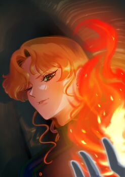 1boy absurdres bishoujo_senshi_sailor_moon bishoujo_senshi_sailor_moon_(first_season) black_jacket commentary_request eyelashes fire gloves highres jacket li_ca_snow long_hair looking_at_viewer male_focus one_eye_closed orange_hair parted_lips pyrokinesis solo white_gloves zoisite_(sailor_moon)