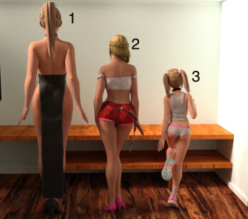 3d 3girls age_difference ass bad_id bad_pixiv_id bare_back black_dress black_footwear blonde_hair blush breasts dress female_focus film_grain flat_chest from_behind full_body high_heels le_moge legs_together loli multiple_girls pink_footwear shirt shoes short_shorts shorts sleeveless sneakers standing twintails white_shirt