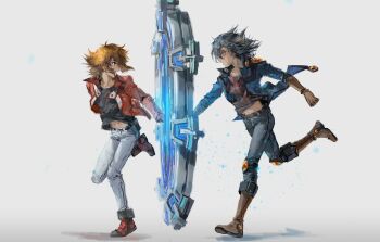 2boys belt black_belt black_hair black_shirt blue_eyes blue_jacket blue_light boots brown_belt brown_boots brown_eyes brown_gloves brown_hair clenched_hand denim drop_shadow duel_academy_uniform_(yu-gi-oh!_gx) elbow_gloves facing_to_the_side fudo_yusei gloves grabbing_another&#039;s_hand happy highres holding_hands in-franchise_crossover jacket jeans knee_pads light_particles looking_at_another looking_back midriff_peek momentcorefly multiple_boys open_clothes open_jacket open_mouth pants popped_collar portal_(object) red_jacket red_shoes running shirt shoes shoulder_pads source_request technology turning_head white_background white_pants wind yu-gi-oh! yu-gi-oh!_5d&#039;s yu-gi-oh!_duel_links yu-gi-oh!_gx yuki_judai