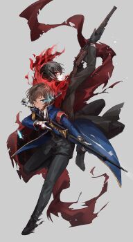 1boy 1girl armband back-to-back black_gloves black_jacket black_necktie blood blood_on_hands blue_coat blue_eyes brown_hair burning cigar coat collared_shirt contrapposto crystal e.g.o_(project_moon) fell_bullet_(e.g.o) full_body gloves gun heterochromia highres holding holding_gun holding_weapon jacket kinugasa0400 knees_up limbus_company looking_at_viewer magic_bullet_(e.g.o) messy_hair necktie outis_(project_moon) project_moon red_armband red_eyes red_scarf rifle scarf shirt short_hair smoking sniper_rifle standing standing_on_one_leg torn_clothes torn_scarf weapon white_background white_gloves white_shirt yellow_eyes yi_sang_(project_moon)