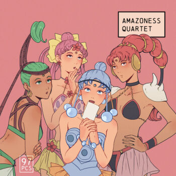 Rule 34 | 4girls, 97pieces, :o, amazoness quartet, bikini, bikini top only, bishoujo senshi sailor moon, blue eyes, blue hair, breasts, cerecere (sailor moon), commentary, crossed arms, dark-skinned female, dark skin, derivative work, forehead jewel, green eyes, green hair, hair bun, hair rings, hands on own hips, holding, junjun (sailor moon), micro bikini, multiple girls, open mouth, pallapalla (sailor moon), pink eyes, pink hair, pink skirt, red eyes, red hair, screenshot redraw, shoulder pads, shoulder spikes, single hair bun, skirt, small breasts, smile, spikes, swimsuit, toei company, vesves (sailor moon)