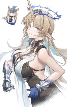 1girl absurdres armored_gloves bare_shoulders black_collar black_dress blonde_hair blue_eyes blue_hair breasts closed_mouth collar colored_inner_hair crown_of_thorns dress earrings fleurdelys_(wuthering_waves) floating_earrings from_side hair_intakes hand_puppet highres horns jewelry jimizuai- large_breasts long_horns looking_at_viewer looking_to_the_side missing_commentary multicolored_hair necklace parted_bangs pointy_ears puppet simple_background single_horn smile solo white_background wuthering_waves yellow_horns